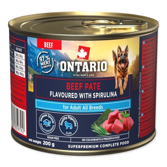 Ontario Konzerva Adult hovězí pate s příchutí spirulíny 200g