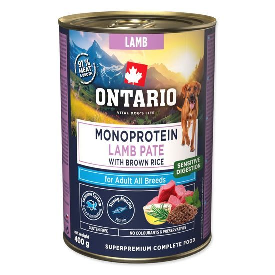 Ontario Konzerva Adult monoprotein jehněčí pate s hnědou rýží 400g