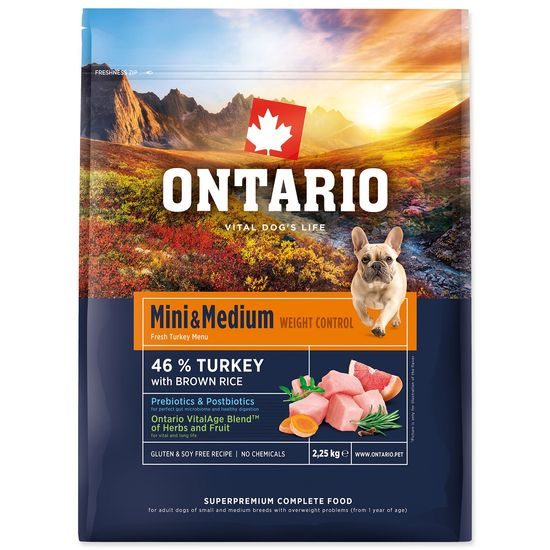 Ontario Krmivo Mini & Medium Weight Control Turkey & Brown Rice 2,25kg