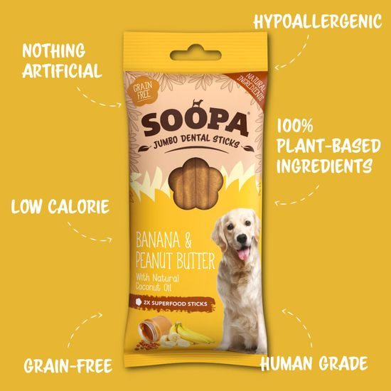 Soopa Pets Dentální tyčinky Jumbo s banánem a arašídovým máslem 170 g