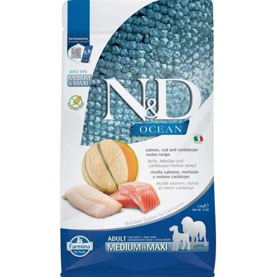 N&D OCEAN Dog GF Salmon, Cod & Cantaloupe Melon Adult Medium & Maxi 2,5 kg