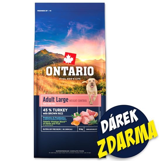 Ontario Krmivo Large Weight Control Turkey & Brown Rice 2x12kg+Barel ZDARMA