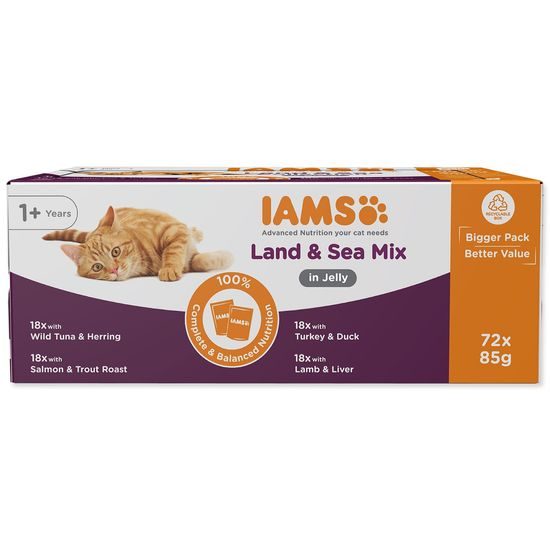 IAMS Kapsička Delights Adult mořské a suchozemské maso v želé multipack 6120g (72x85g)