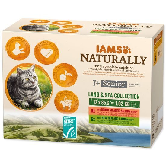 IAMS Kapsička Naturally Senior mořské a suchozemské maso v omáčce multipack 1020g (12x85g)