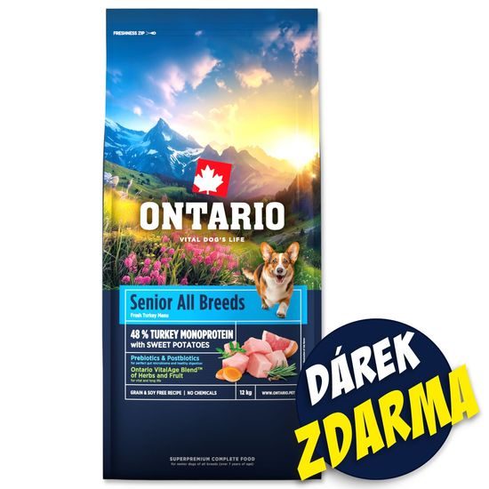 Ontario Krmivo Senior All Breeds Monoprotein Turkey & Sweet Potatoes 2x12kg+Barel ZDARMA