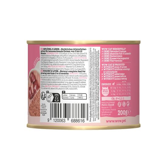 WOW Cat Konzerva Paté Drůbež s játry Kitten/Junior 200g