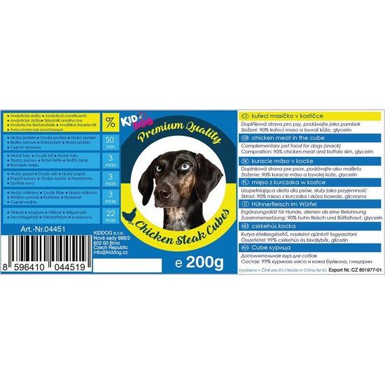 KidDog kuřecí masíčko v kostičce PREMIUM QUALITY 200 g dóza
