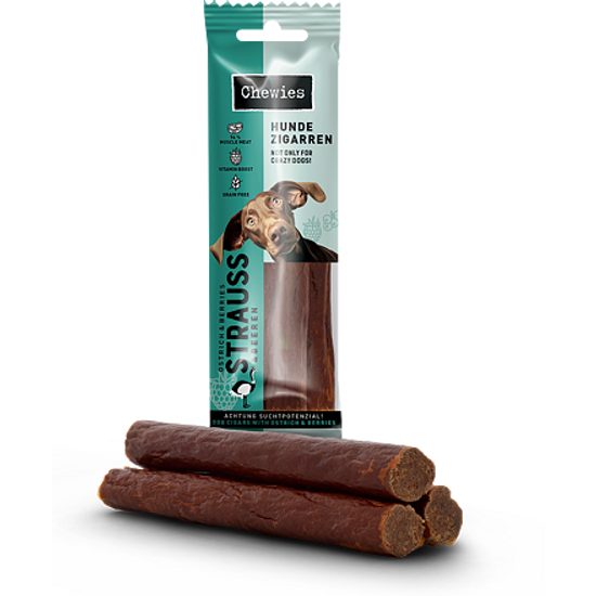 Chewies Hundezigarren Pštrosí salámky s malinami a rybízem 75 g