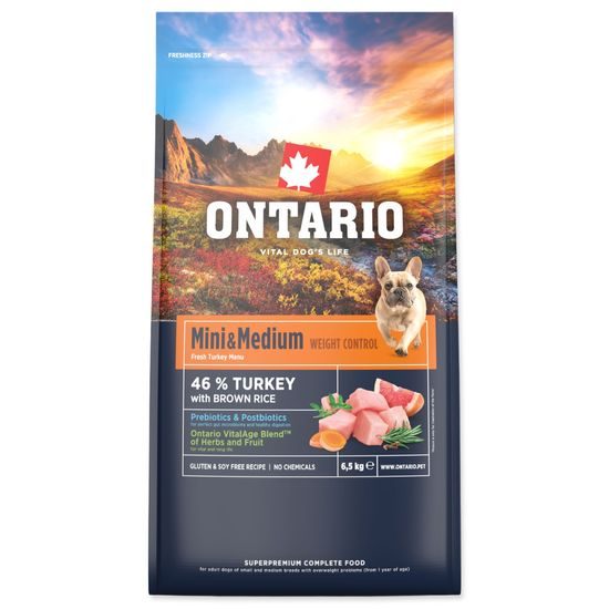 Ontario Krmivo Mini & Medium Weight Control Turkey & Brown Rice 6,5kg