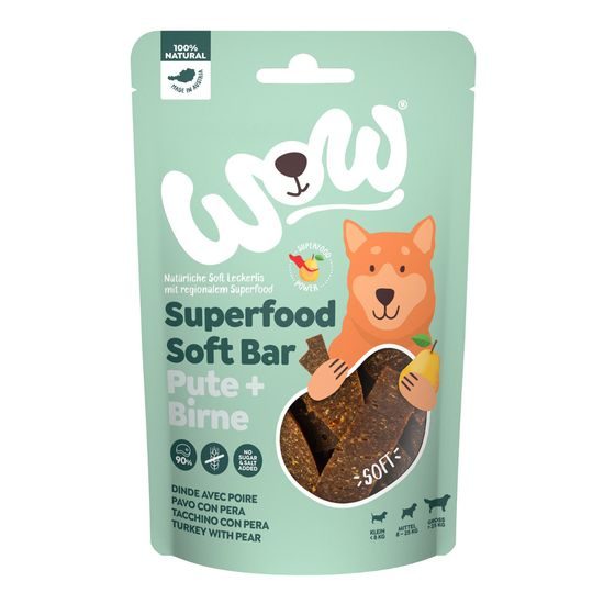 WOW Pamlsky Superfood měkké proužky Krocan s hruškou 150g