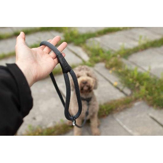 Aminela Vodítko lano s kůží černé kování šedá