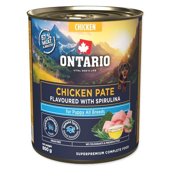 Ontario Konzerva Puppy kuřecí pate s příchutí spiruliny 800g