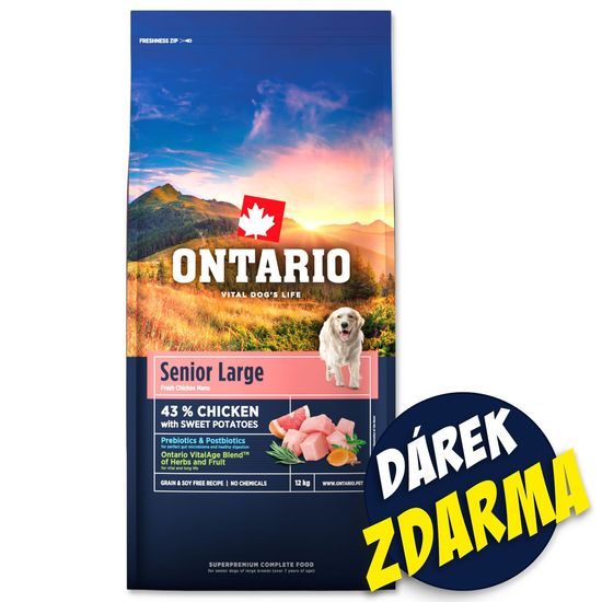 Ontario Krmivo Senior Large Chicken & Sweet Potatoes 2x12kg+Barel ZDARMA