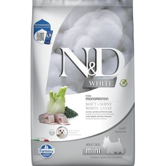 N&D WHITE Dog GF Sea Bass Spirulina & Fennel Adult Mini 5 kg