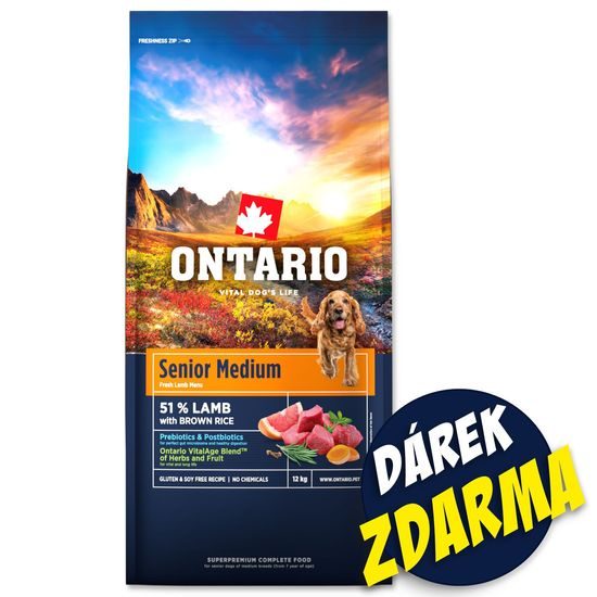 Ontario Krmivo Senior Medium Lamb & Brown Rice 2x12kg+Barel ZDARMA