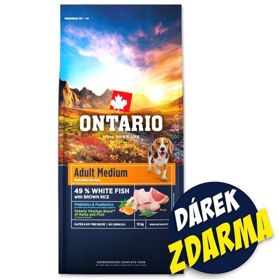 Ontario Krmivo Adult Medium Fish & Brown Rice 2x12kg+Barel ZDARMA
