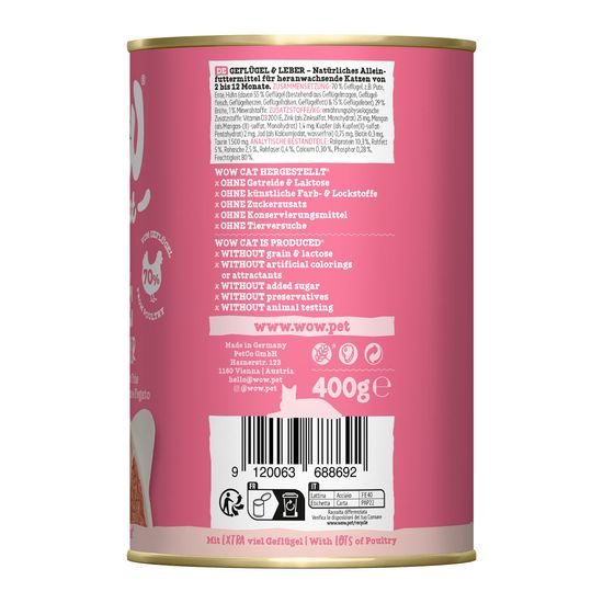 WOW Cat Konzerva Paté Drůbež s játry Kitten/Junior 400g