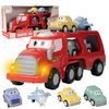 Nákladní auto se 3 autíčky, helikoptérou, světly a zvuky Transport Car červené