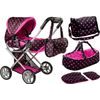 Kočárek pro panenky Alice s příslušenstvím-černý s růžovými puntíky