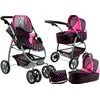 Kočárek pro panenky 2v1 Alice - černý s růžovými puntíky