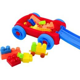 Sada kostek v modro červeném vozíku na kolečkách