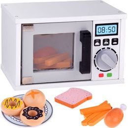 Dřevěná mikrovlnná trouba, kuchyňské vybavení a potraviny