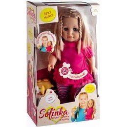 Panenka s dudlíkem v růžových šatičkách a kabátku, 35 cm