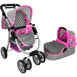 Kočárek pro panenky Alice s příslušenstvím-černý s růžovými puntíky