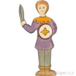 Panoš s mečem ve fialové košili - dřevěná vyřezávaná figurka