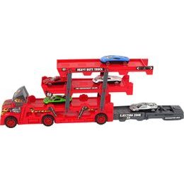 Velký vůz s rampou pro odpalování aut + 6 autíček červený
