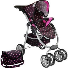 Kočárek pro panenky Alice s příslušenstvím-černý s růžovými puntíky