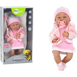 Panenka s dudlíkem v růžových šatičkách a kabátku, 35 cm