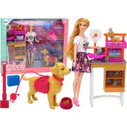 Panenka se psy a kočkou s veterinárními doplňky