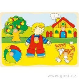 Puzzle s dřevěnými úchytkami - Dům, kočka, strom...