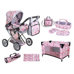 Doris kočárek pro panenky 5v1 světle růžový s kytičkami