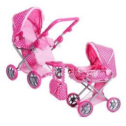 Doris kočárek pro panenky kombinovaný - 9346 růžovo-bílý s puntíkama