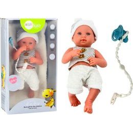 Panenka miminko v bílo-šedém oblečení s dudlíkem a dekou