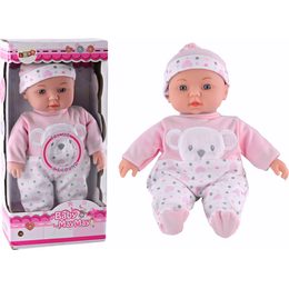 Dětská panenka s růžovým pyžamkem s medvídkovou čepicí a zvuky