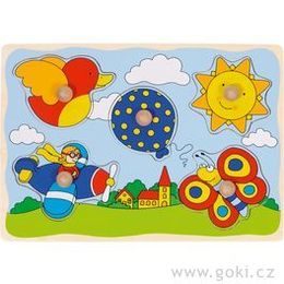 Puzzle s dřevěnými úchytkami - Slunce, motýlek, ptáček...