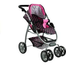 Kočárek pro panenky Alice s příslušenstvím-černý s růžovými puntíky