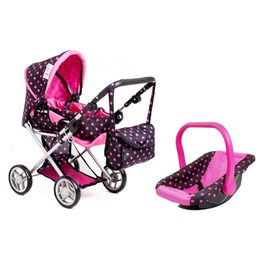 Doris kočárek pro panenky kombinovaný - 9346 černý s puntíkama + nosítko