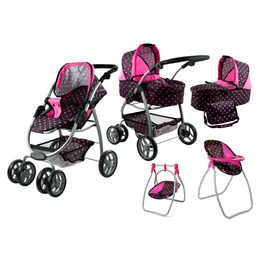Alice kočárek pro panenky 9662 set 6v1 černý s jídelní židličkou