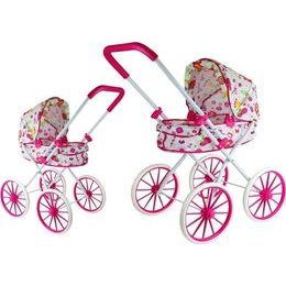 Retro kočárek pro panenky s květinami a velkými koly -růžový