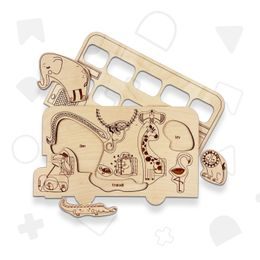 Velký červený BUS se zvířátky dřevěné puzzle - ČESKÁ VERZE