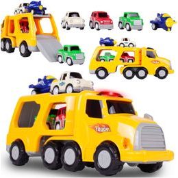 Nákladní auto se 3 autíčky, helikoptérou, světly a zvuky Transport Car žluté