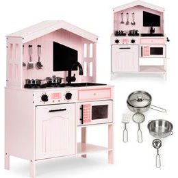 Ecotoys dětská dřevěná kuchyňka s příslušenstvím Domeček - růžová