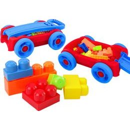 Sada kostek v modro červeném vozíku na kolečkách