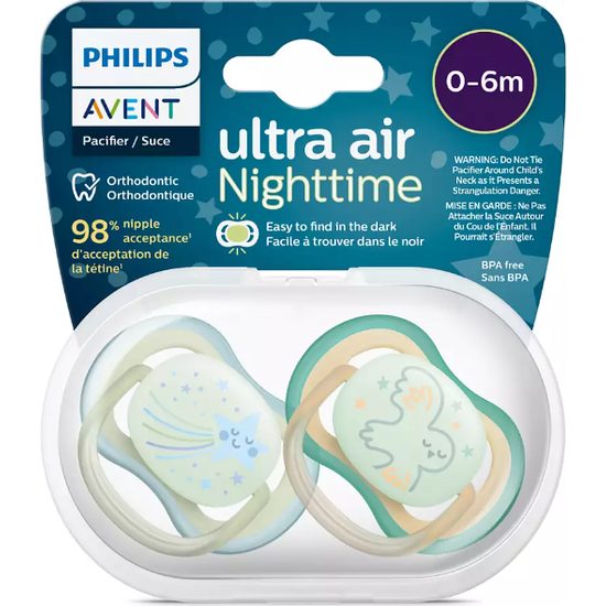 Dětský dudlík 0-6m Phillips Avent air night - zelená 2ks