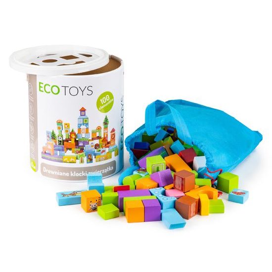 Ecotoys sada dřevěných kostek v kyblíku 100 ks v Zvířátka