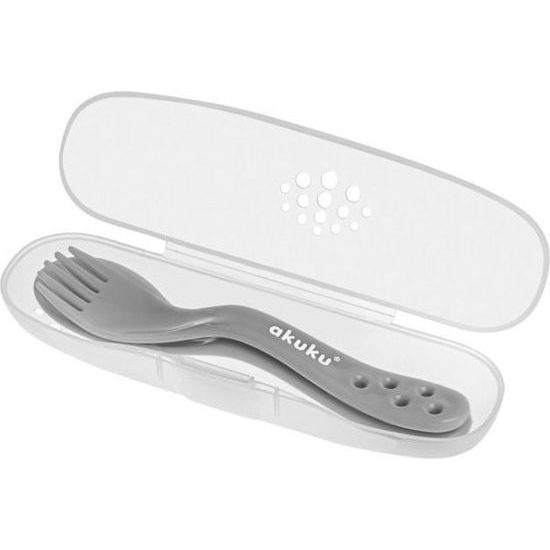 Dětská lžička a vidlička v pouzdru - šedá